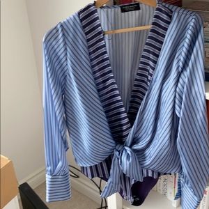 Blue silky Zara open tie bodysuit